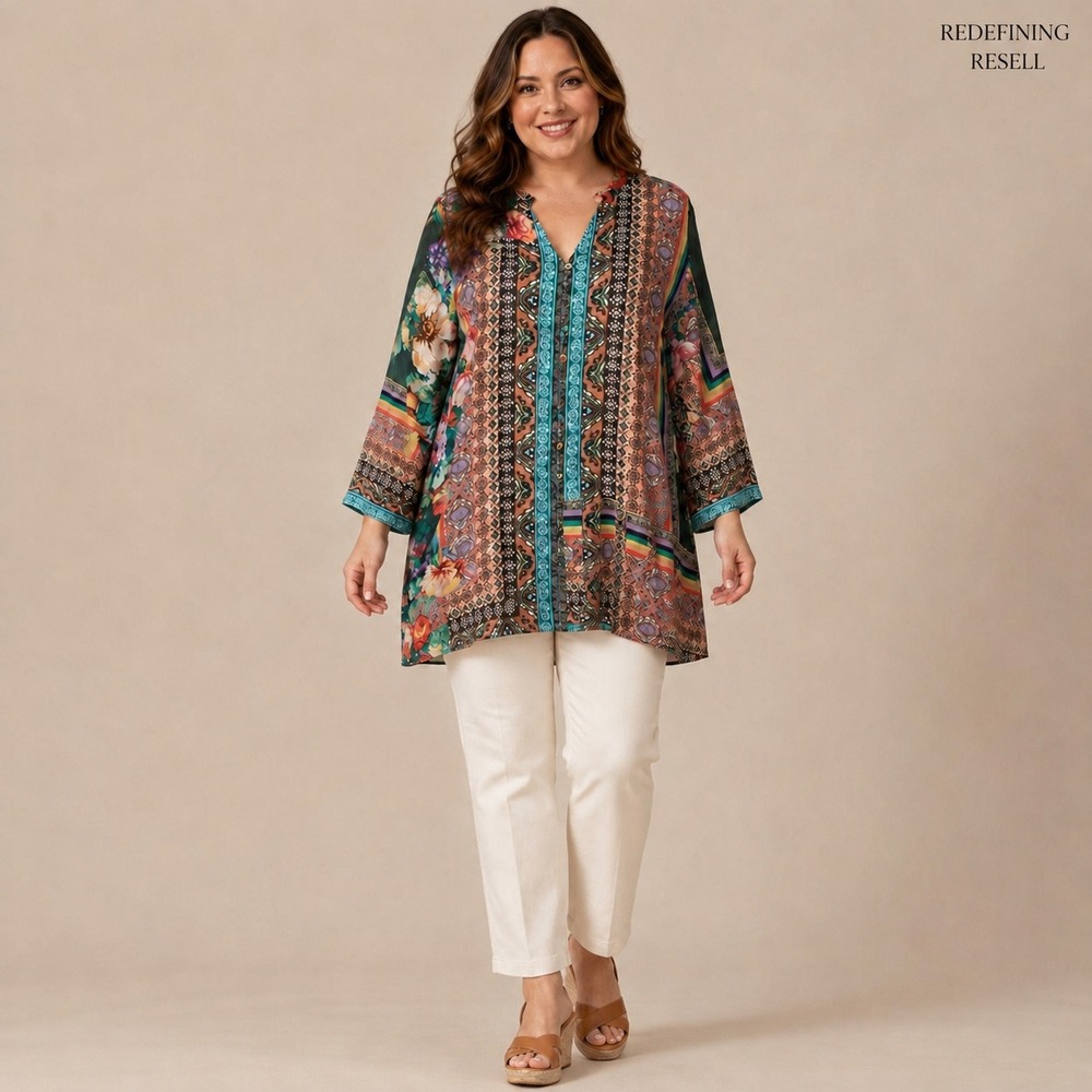 Johnny Was Silk Tunic Blouse XL Floral Geometric Mixed Print Green R12620A4